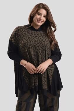 Alembika Chiu Oversized Cheetah Mock Neck Top Women XL Brown